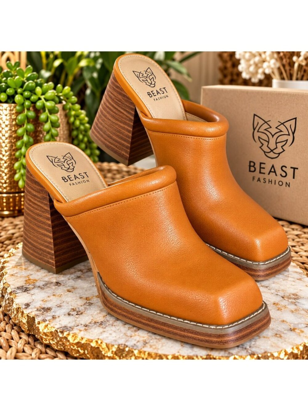 Beast Fashion Mules Women’s 8.5 Cognac Square Toe Block Heel Clogs